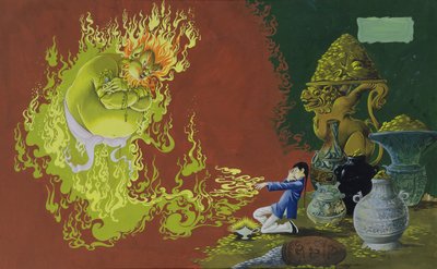 アラジン、ディーンズゴールドメダルブックオブフェアリー、テイルズナンバー2パブからのイラスト。 Dean＆Sons Ltd.、1965年（淡色紙にガッシュ） 作： Anne Grahame Johnstone