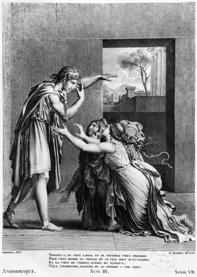 ピュロスの足元にあるアンドロマケ、アンリマレ（bc1768）によって彫刻されたジャンラシーヌ（1639-99）による「アンドロマケ」の第7幕シーン7のイラスト 作： Anne Louis Girodet de Roucy Trioson