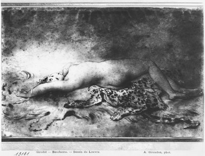 動物の皮膚の上に横たわる裸の少女（切り株と紙に黒い鉛筆） 作： Anne Louis Girodet de Roucy Trioson