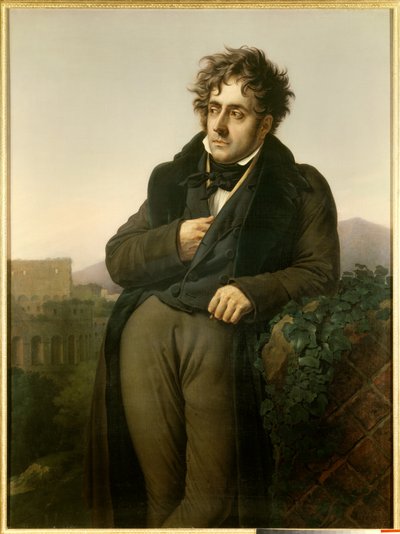 フランソワ・ルネの肖像、シャトーブリアンの子爵（1768-1848）は、コリゼーの景色の前でローマの遺跡について瞑想しています。 作： Anne Louis Girodet de Roucy Trioson