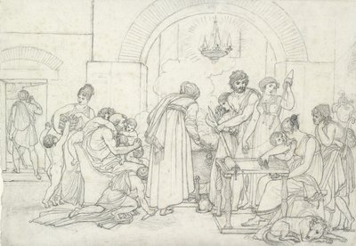 古代の素朴なインテリア（細かいテクスチャの白い紙に黒いチョーク） 作： Anne Louis Girodet de Roucy Trioson