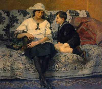 ソファの上の若い女の子と若い男の子（キャンバスに油彩） 作： Anne Marie Henriette Brejat