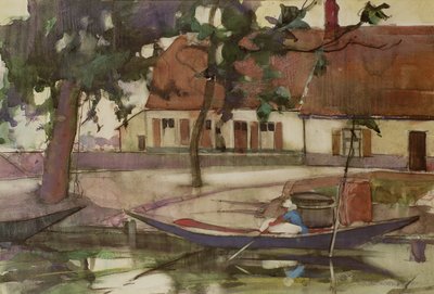 運河のボート、フランスの村 作： Anne Redpath