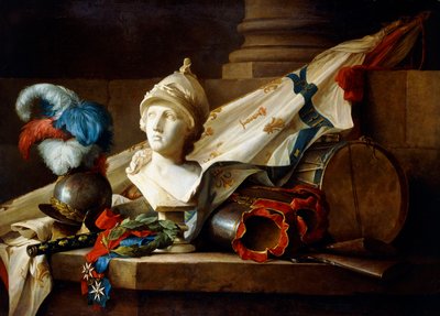 石の棚に鎧と武器を備えたミネルバの胸像、1777 作： Anne Vallayer Coster