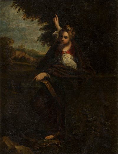 風景の中の聖マーガレット：シビル、c.1580-1609（ガラスの下の金属） 作： Annibale (after) Carracci
