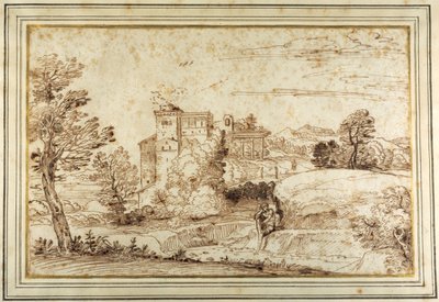 城と古典的なポルティコの跡がある風景（紙にペンと茶色のインク 作： Annibale (follower of) Carracci