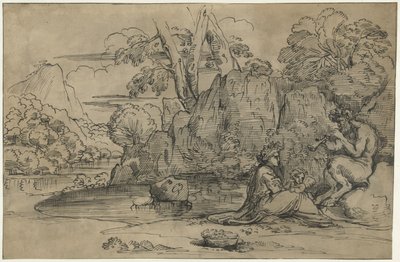 サテュロス、女性、プットーを演奏するフルートのある風景 作： Annibale Carracci (attributed to)