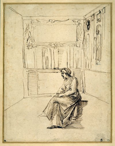 部屋の中で座っている女性（紙にペンと茶色のインク 作： Annibale Carracci