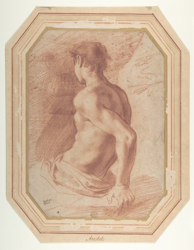 左を向いて座る裸の青年の後ろ姿 作： Annibale Carracci