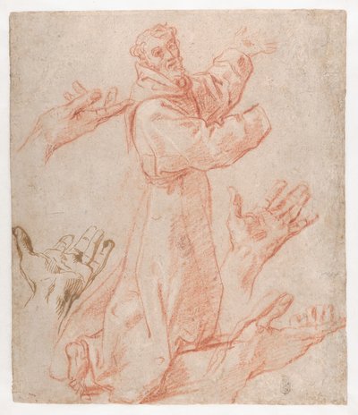 カラッチ-跪く聖フランチェスコ像とその手のための習作（レクト）、1583-85年 作： Annibale Carracci