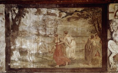 木星の近くに描かれたエウロパが雄牛に変わった（フレスコ画 作： Annibale Carracci