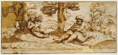 Flötenspielender Amor und Silenus in einer arkadischen Landschaft 作： Annibale Carracci