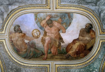 ヘラクレスはアトラス（カメリーノのフレスコ画）の天国の金庫を持っています。 1596 作： Annibale Carracci