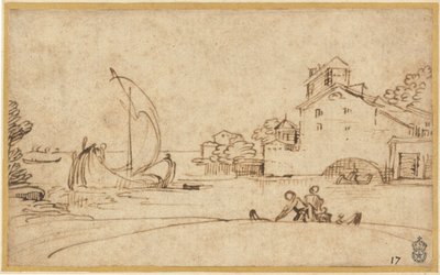 帆船のある河口の人物のある風景 作： Annibale Carracci