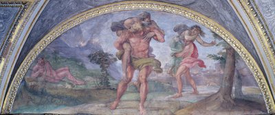 1596年、カメリーノから、バーニング・トロイから逃げたアイネイアスが父親のアンキセスを運んで、続いてアスカニウスが母親を運んでいる様子を描いたルネット 作： Annibale Carracci