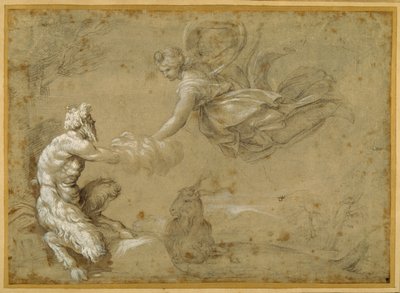 ダイアナに羊毛を渡すパン（ペン＆ブラウンインク、ブラウンウォッシュ 作： Annibale Carracci