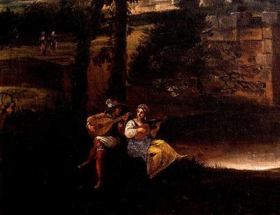 橋のあるローマの風景」（油彩・カンヴァス）（186429、186430の細部） 作： Annibale Carracci