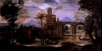 橋のあるローマの風景」（油彩・キャンバス）（186430、186431も参照） 作： Annibale Carracci