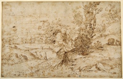 フライトからの帰還」（紙にペン、茶インク 作： Annibale Carracci