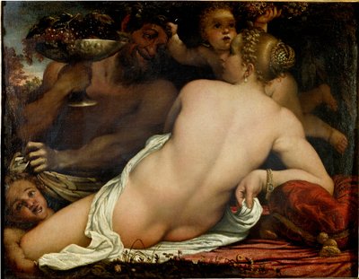 バッカン、ヴィーナス、サテュロス、2匹のキューピッド、細部（油彩・カンヴァス、1588年頃 作： Annibale Carracci