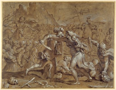 ローマ人とサビーン人の戦い（紙にペンとインク、ウォッシュとグワッシュ 作： Annibale Carracci