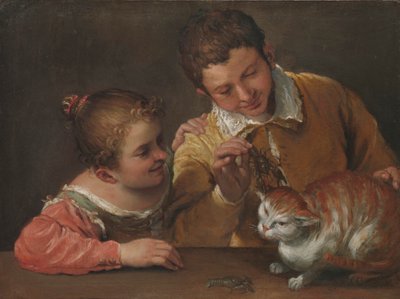 猫をからかう2人の子供（キャンバスに油彩） 作： Annibale Carracci