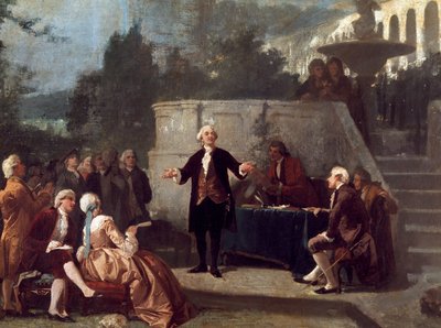 イタリアの劇作家カルロ・ゴルドーニ（1707-1793）が、ピサのスコット庭園にあるコロニア・アルフェア（ピサのアルカディア・アカデミーに相当）のメンバーの前でソネットを宣言する様子 Painting by Annibale Gatti (1828 - 1909) 作： Annibale Gatti