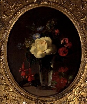 黄色いバラ、ミニョネット、フクシアの静物画（油彩・ボード） 作： Annie Feray Mutrie