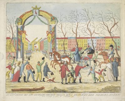 オラニエ公のハーグ到着、1813年 1813 年 11 月 30 日のウィレム殿下 1 souvyn der Nederlanden benne S: Hage の到着 (オブジェクトのタイトル) 作： Anonymous