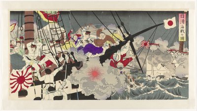 日清戦争時の海戦を描く 日清海鮮の図 作： Anonymous