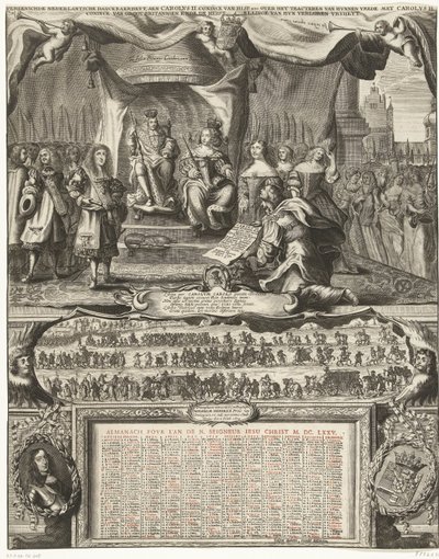 1674 年のイングランドとの和平の寓話と 1675 年の年鑑 Vereenichde Nederlantsche danckbaerheyt, aen Carolus II. コニンク・ヴァン・ヒスプ。 Carolus IIとの和解について。 大ブリタニアンのコニンク、回復の終わり 作： Anonymous