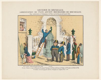 小便小僧の逮捕、1845 年 ブリュッセルのお土産。 ブリュッセル最古のブルジョアの逮捕。 1845 年の Pissoirs に関する警察条例違反 (オブジェクトのタイトル) 作： Anonymous