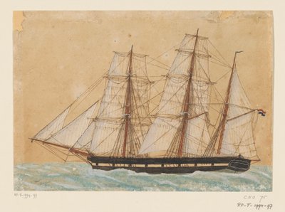 海で吠える 1858 年 11 月 1 日、ビアフラ号の船首を横切るバーク船「出島」 作： Anonymous