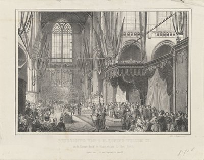 H.M. 国王ウィレム 3 世の宣誓。 1849 年 5 月 12 日、アムステルダムの新教会 (オブジェクトのタイトル) 作： Anonymous