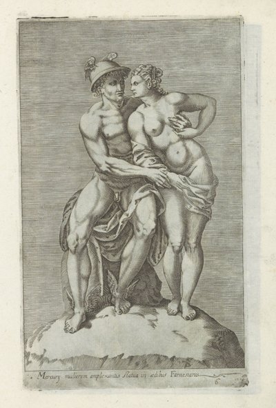 Beeldengroep は Mercurius en een godin に会いました ファルネシア宮殿で女性を抱きしめるマーキュリーの像 (オブジェクトのタイトル) ローマのアンティーク彫刻（シリーズタイトル） 公共の場で見られるローマ市の古代彫像のアイコン (シリーズ タイトル) 作： Anonymous