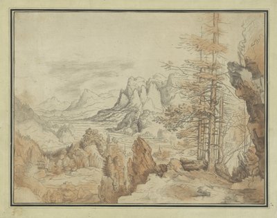木のある山の風景と谷の景色 作： Anonymous