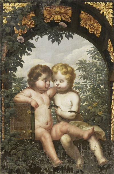 聖書とヘビを持つ 2 人の子供を持つキリスト教の寓話 作： Anonymous