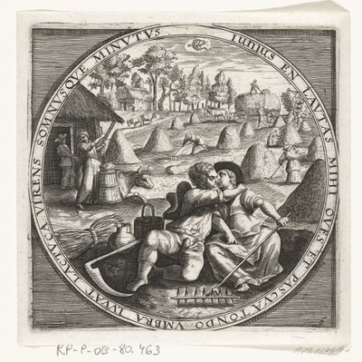 De maand juni, hooimaken, ca. 1600 De twaalf maanden van het jaar verbeeld in scènes uit het volksleven (シリーズ タイトル) 12 ヶ月のスキームとその操作、および干支への適用、1 年を 4 つの部分に分割 (オブジェクトに関するシリーズ タイトル) 作： Anonymous