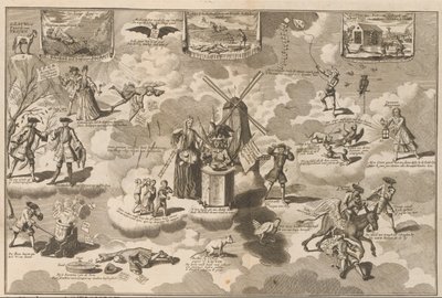 リンギングチェアで敗北した行動主義者、1720年 リンゲルスと一緒に椅子に座っている敗北した行動主義者は、月桂樹のトロイの馬に説得されました (オブジェクトのタイトル) The Great Table of Folly (シリーズタイトル) 作： Anonymous