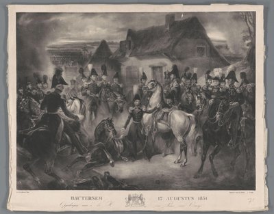1831 年 8 月 12 日、ブーテルセムの戦いで負傷したオラニエ公 (後のウィレム 2 世) の馬の代わり Bautersem 1831 年 8 月 12 日 (オブジェクトのタイトル) 作： Anonymous