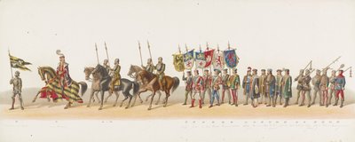 1873 年のデルフト行列 (2 番目のプレート) 1873 年 7 月 8 日に Delftsche Studentencorps のメンバーによって開催された衣装を着た行列で、以下を描写しています。 作： Anonymous