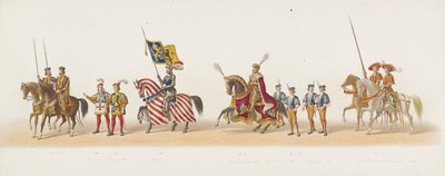 1873 年のデルフト パレード (5 番目のプレート) 1873 年 7 月 8 日に Delftsche Studentencorps のメンバーによって開催された衣装を着た行列で、以下を描写しています。 作： Anonymous
