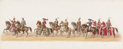 1873 年のデルフト パレード (7 番目のプレート) 1873 年 7 月 8 日にデルフト学生隊のメンバーが開催した衣装を着た行進。以下を描いたもの: 作： Anonymous