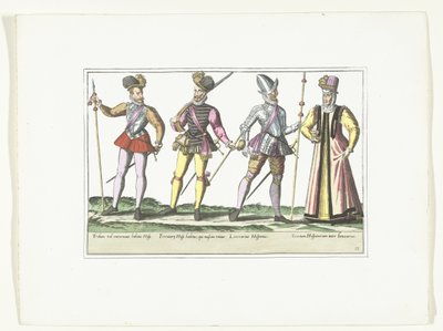 制服を着た 3 人のスペイン兵とマーケット スター、1580 年頃 コスチューム ミリテール エスパニョール (オブジェクトのタイトル) 作： Anonymous