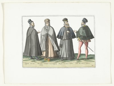 外国のファッションに合わせて着飾った 3 人の男性と 1 人の女性、1580 年頃 Modes étrangeres (オブジェクトのタイトル) 作： Anonymous