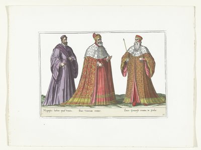 イタリアのファッションに合わせて着飾った 3 人の男性、1580 年頃 コスチューム イタリア人 (オブジェクトのタイトル) 作： Anonymous