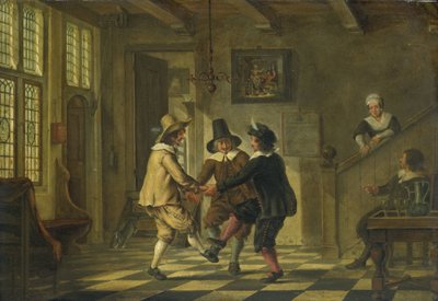 前の家で踊る 17 世紀の衣装を着た 3 人の男性 作： Anonymous