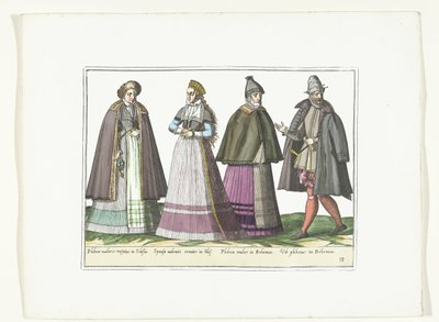 ドイツのファッションに合わせて服を着た 3 人の女性と 1 人の男性、1580 年頃 コスチューム アルマン (オブジェクトのタイトル) 作： Anonymous