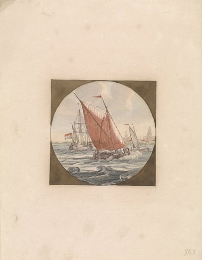 海上の 3 隻の帆船と沿岸の都市 Ships at Sea (シリーズ B) (シリーズ タイトル) 作： Anonymous