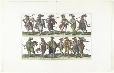 1580 年頃、アントワープのファッションに合わせて制服を着た 13 人の武装した市民の二重プレート Bourgeois d
